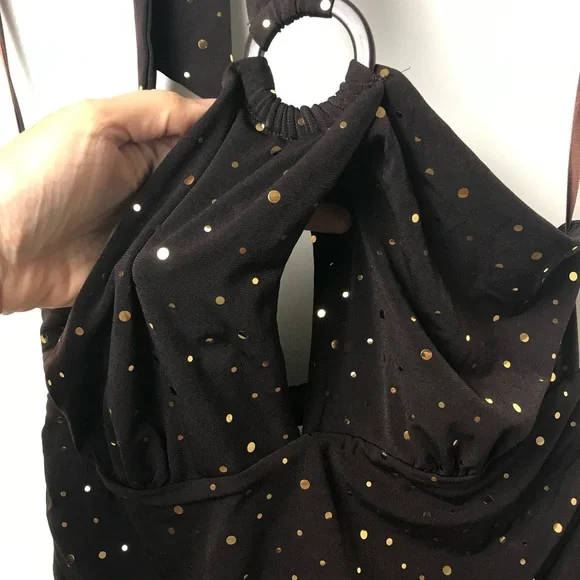 EnFocus Studio gold Sequins Asymmetrical Ruched Halter Dress Size 10 NWOT - Picture 7 of 11